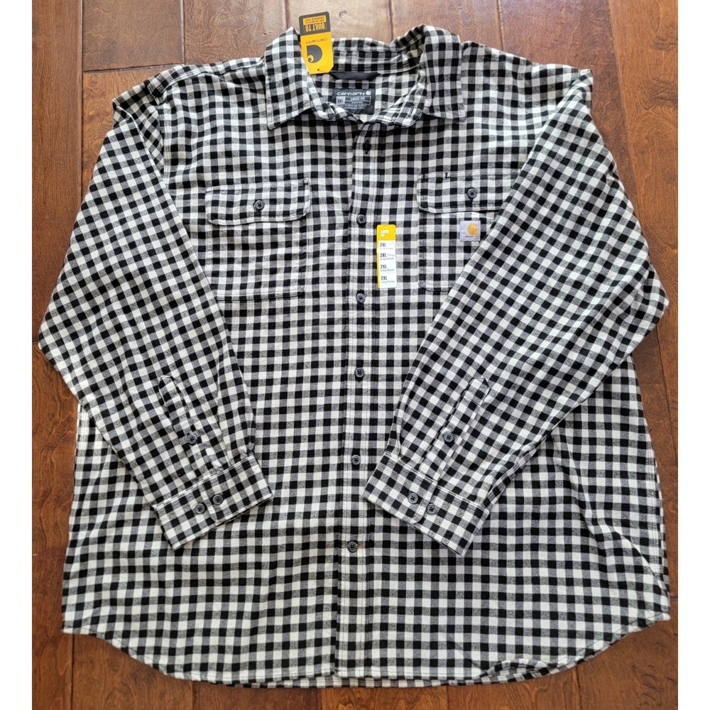Carhartt Mens 2XL Loose Fit Flannel Shirt Black White Buffalo Check Plaid NWT